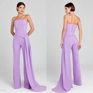 NADINE MERABI Lilac Strapless Tailored Jumpsuit with Draped Trail